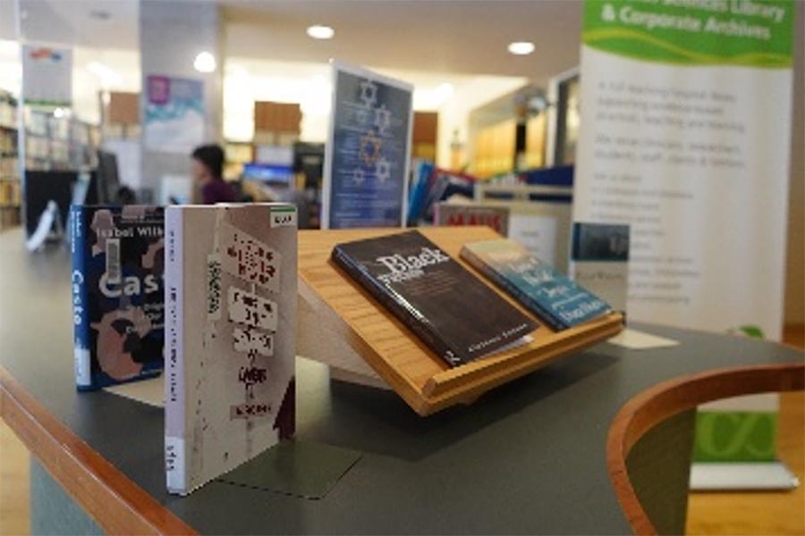 A book in a library setting