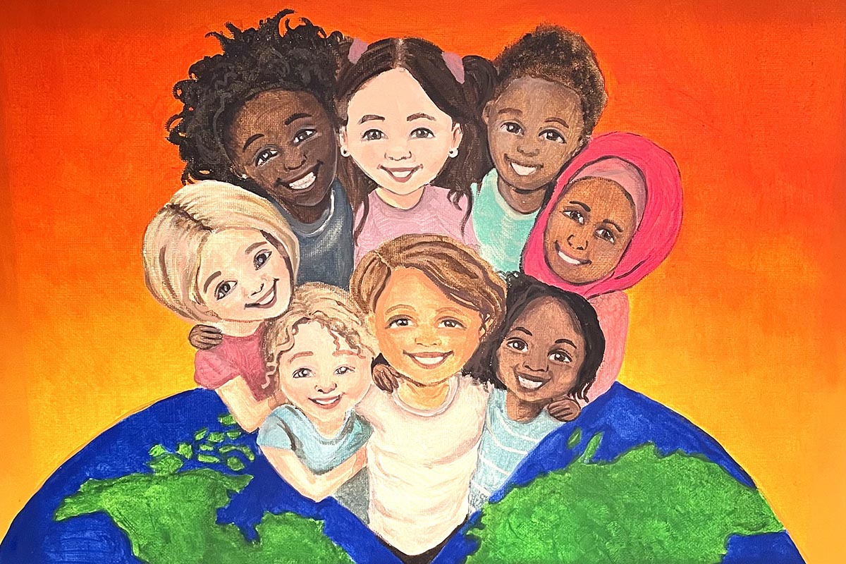 Drawing of some children smiling, with a globe at the bottom