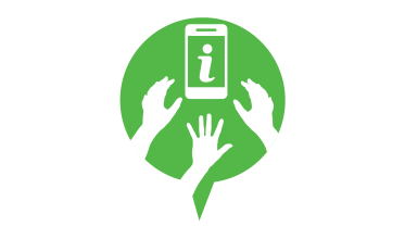 An icon with some hands trying to reach a mobile phone for information