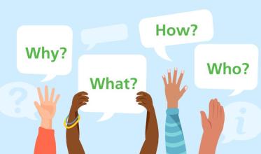 hands raised holding signs for why, what, how and who