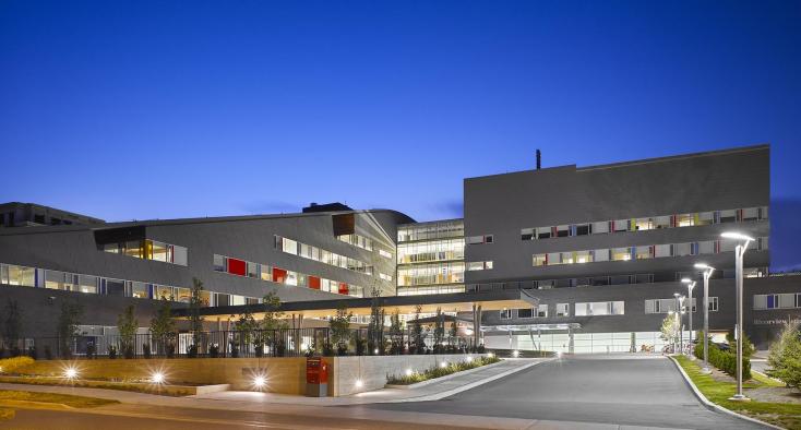 Photo of HB building at night from Kilgour Rd.