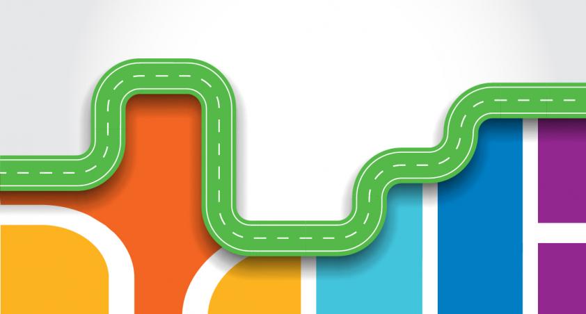 green track running through colourful blocks