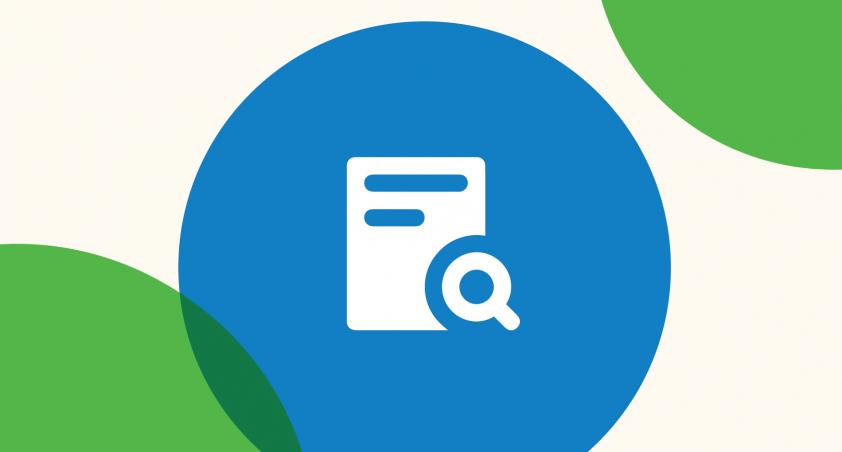 icon of research file and magnifying glass on a blue circle