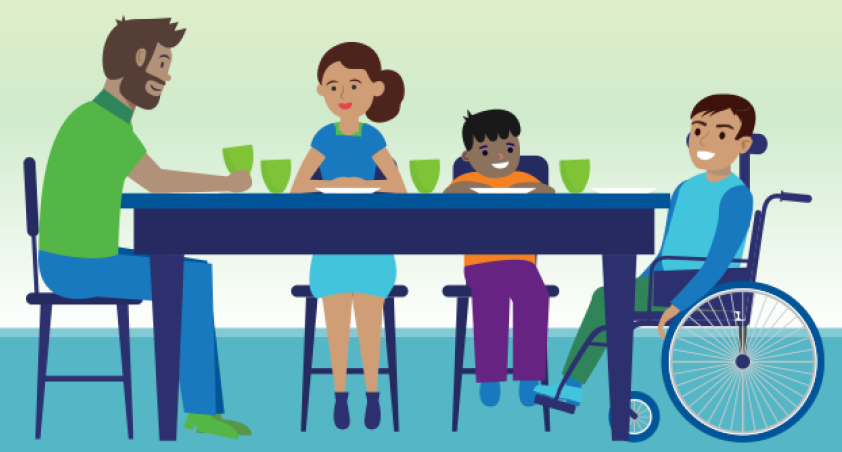 An illustration of a family of four, with one child on wheelchair, having a meal together