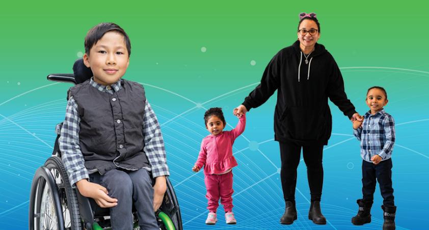 Green to light blue background, with a child on wheelchair cutout on the left, and an adult holding 2 children on the right.