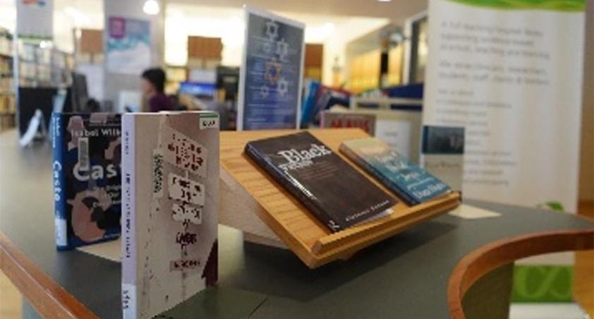 A book in a library setting