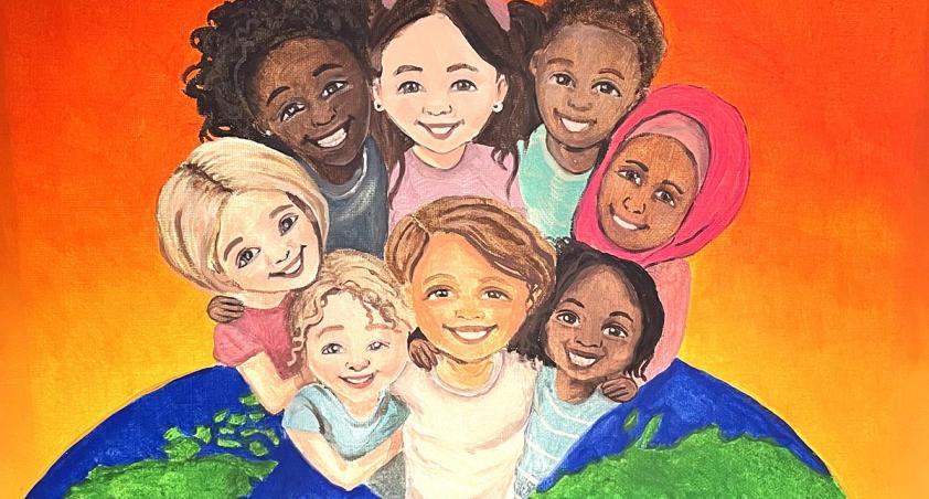 Drawing of some children smiling, with a globe at the bottom