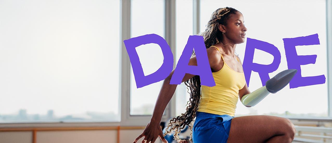 An adult is running with the word "DARE" behind