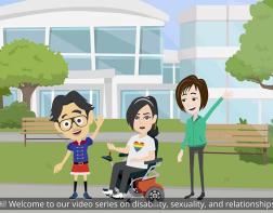 A graphic illustration of 3 people, the middle is on a wheelchair