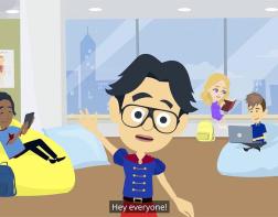 A graphic illustration of a teenager standing and some other people in the room