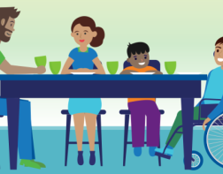 An illustration of a family of four, with one child on wheelchair, having a meal together