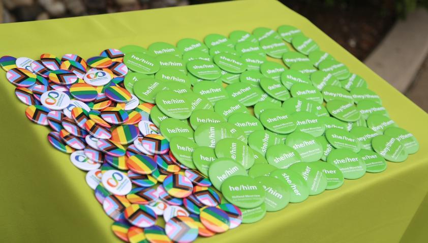 Different Pride pins are scattered on a table. Some are pronoun pins, others are colors of the Pride flag