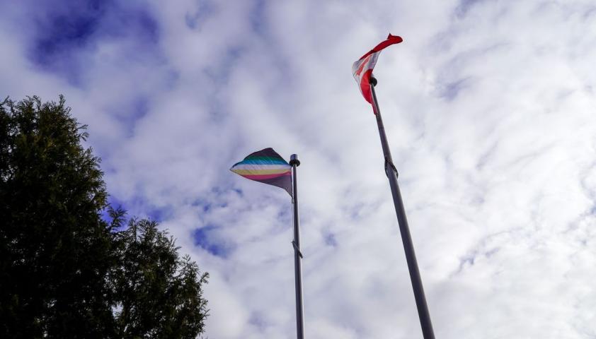 The The Disability pride flag is flown alongside the Canadian flag at Holland Bloorview.