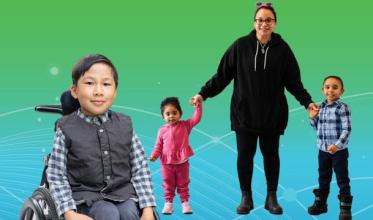 Green background transition to blue, from top to bottom. A child on wheelchair on the left, while an adult is holding 2 kids on the right.