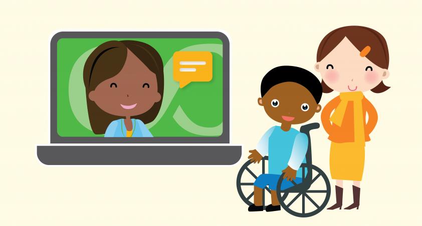 client and staff member with a virtual screen of resources