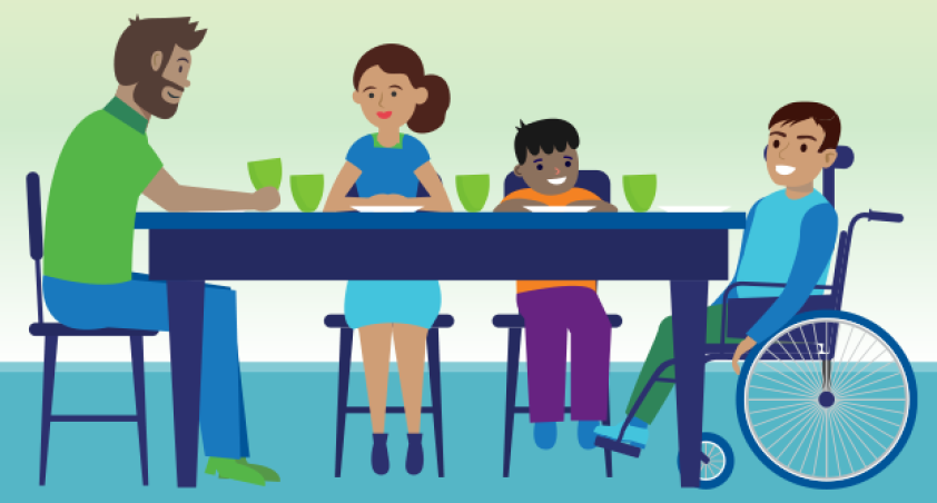 An illustration of a family of four, with one child on wheelchair, having a meal together