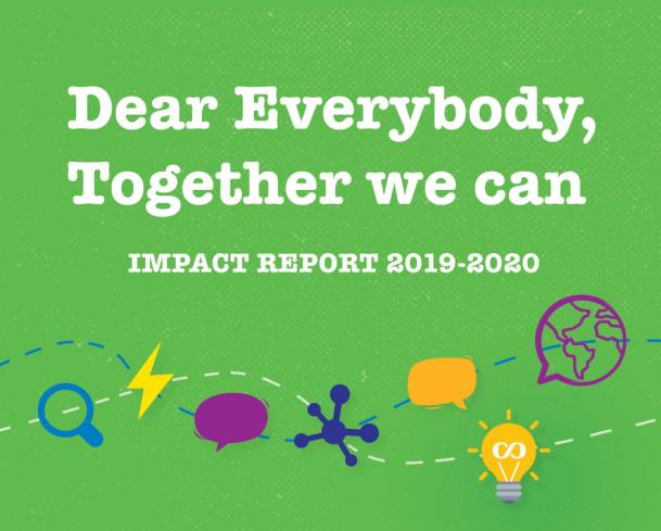 Dear Everybody, Together we can in white text on green, surrounded by colourful icons