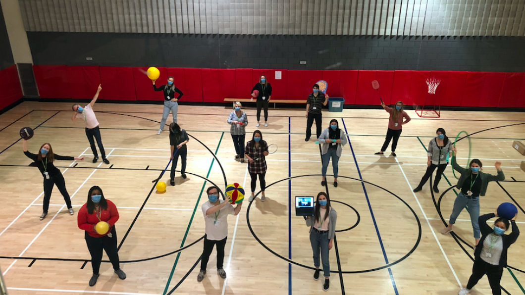 The team exercising social distancing while in the gym. 