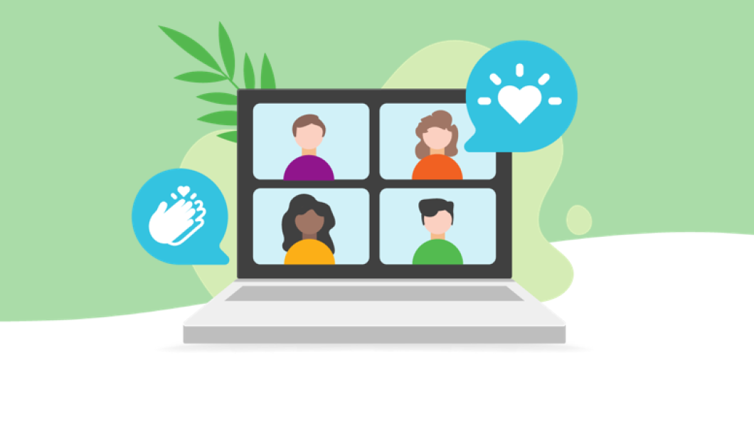 An illustration of a laptop with an online meeting on the screen